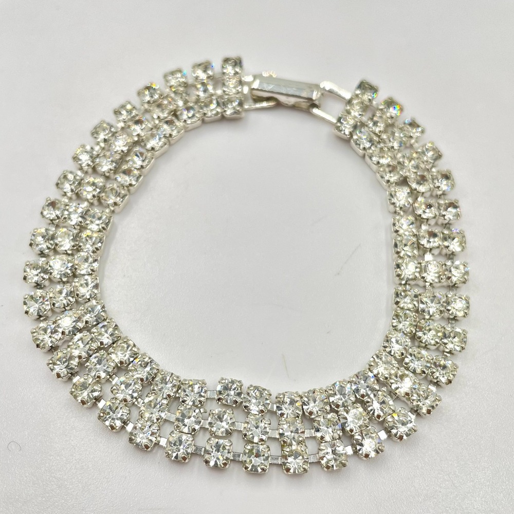 Vintage Y2K Silver Tone 3-Row Rhinestone Tennis Bracelet Chunky Glam Classic